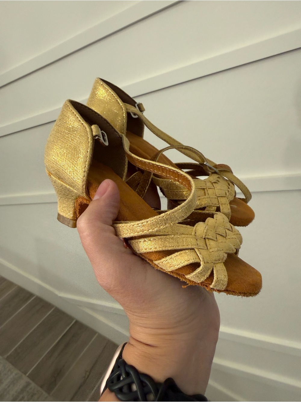 Girls Gold Strappy Low Heel Sandals (ballroom shoes)
